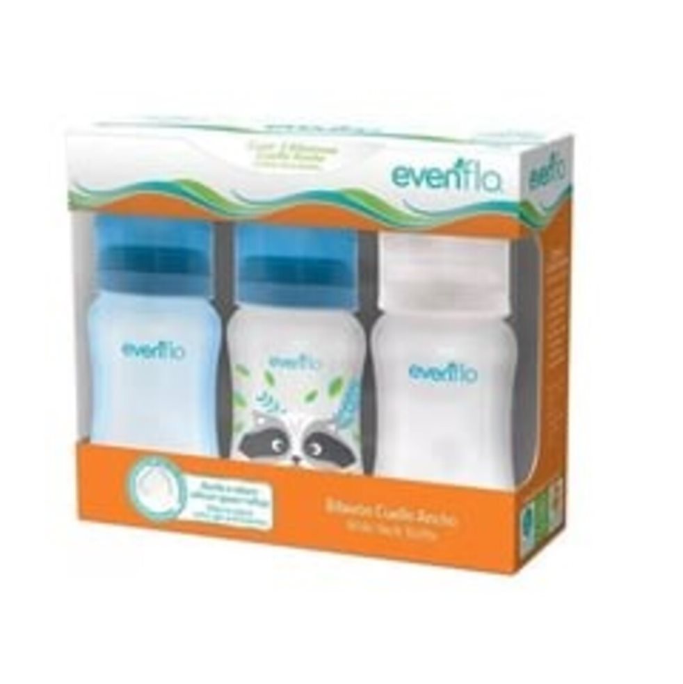 Set Biberones Cuello Ancho 9 Onzas x 3und Tuquesa - Evenflo Evenflo Unidad x 3 Und en 1 caja Set de Biberones Forest Cuello Ancho Entintado 270ml/9oz x 3 unidades
Botella elaborada de polipropileno.
Mamila con diseño piramidal de cuello ancho y  con válvula anticólicos que ayuda a reducir cól