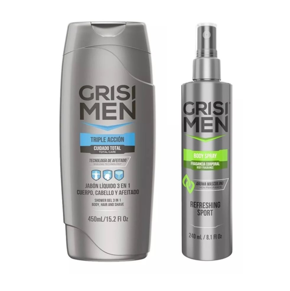 Jabon Liquido Triple Acción 3 en 1 Caballero 450 ml + Splash Corporal 240 ml- Grisi Grisi unidad x 2 Und Siéntete Limpio y con un Agradable aroma todo el día, con Jabón Liquido Caballero 450 ml + Fragancia Corporal 240 ml- Grisi

Lleva dos Productos: 

1. La Fragancia Corporal Masculina Body Spray Grisi 
