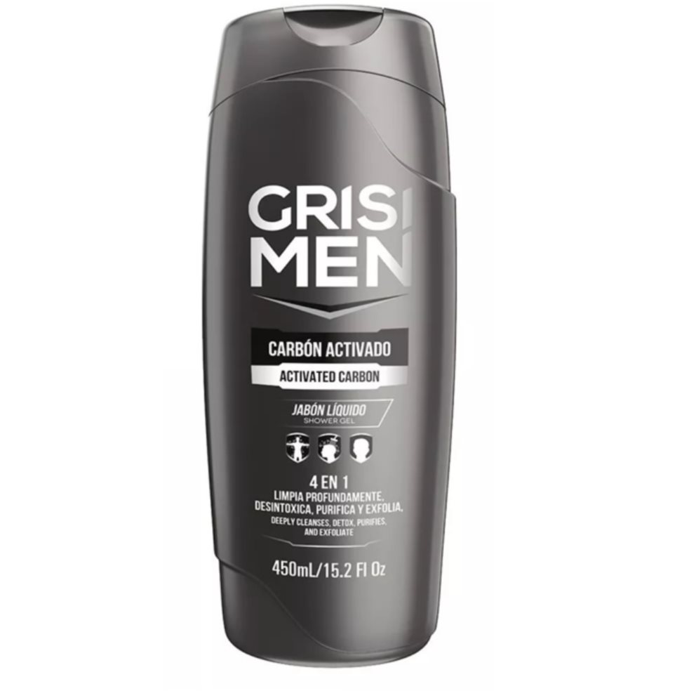 Jabón Líquido Corporal Masculino 4 en 1 Carbón Activado 450ml Grisi Grisi Frasco x 1 El Jabón liquido Carbón Activado 4 en 1 proporciona limpieza profunda para cuerpo, cara y Cabello, desintoxicante, purificante y exfoliante.

Nueva formula especializada para hombre adicionada con car