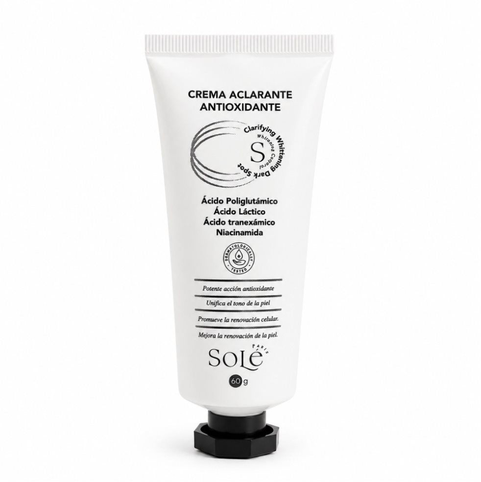 CREMA ACLARANTE CORPORAL VEGANA PARA MANCHAS CON NIACINAMIDA, ÁCIDO TRANEXÁMICO Y ÁCIDO AZELAICO 60 g SOLE PARIS ENVASE PLASTICO x 1