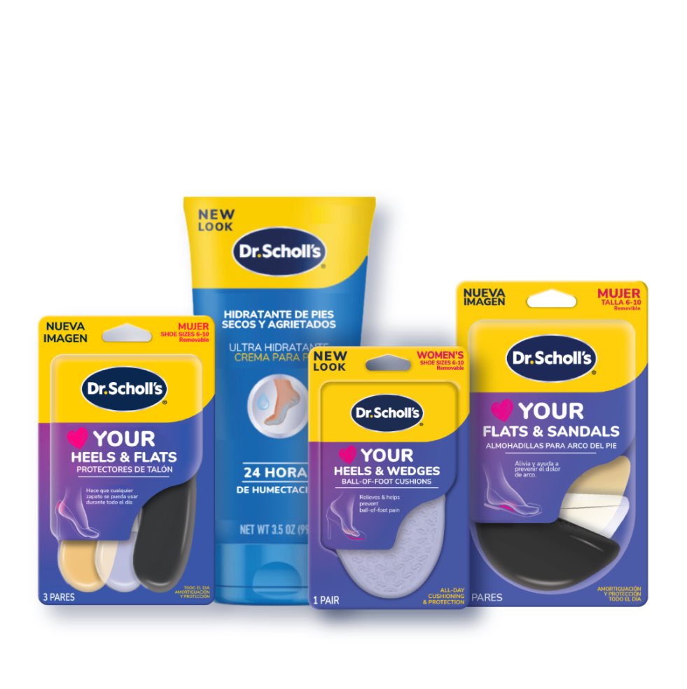 Kit Mamá Todo Bajo Control: Almohadillas Metatarsal en Gel, 3 pack Protectores de Talón, 3 pack Almohadillas para Arco y Crema Hid Dr. Scholls Caja x 4 productos 