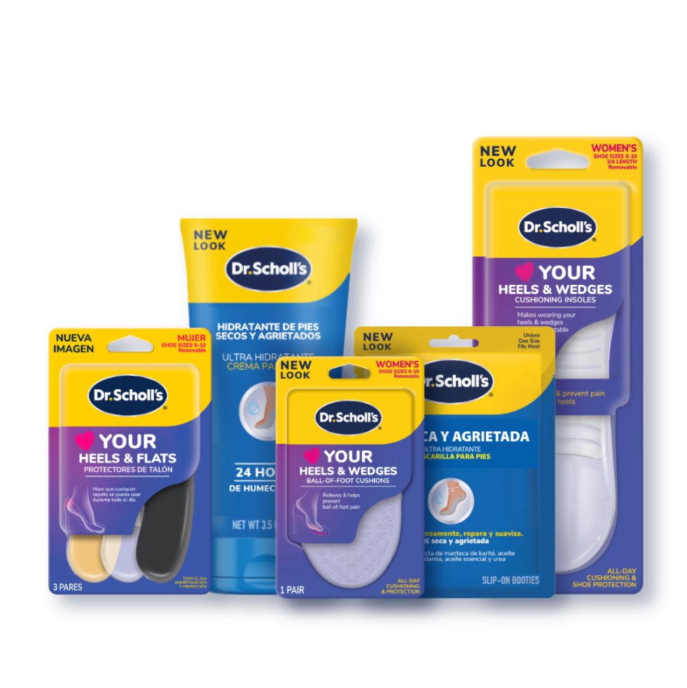 Kit Mamá en Calma: Plantilla de gel para tacones, almohadilla metatarsal en gel, protectores talón, crema y mascarilla hidratante Dr. Scholls Caja x 5 productos 