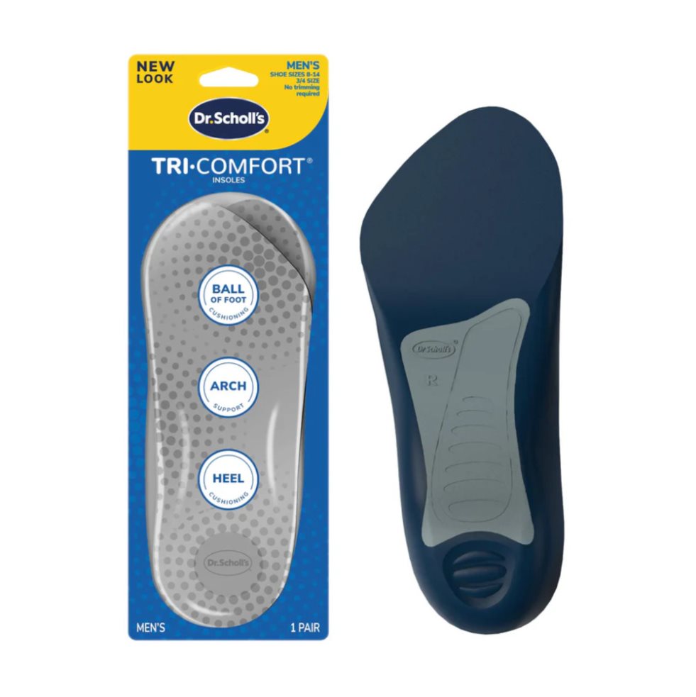 Dr. Scholl´s Plantillas Tri Confort: Talón, arco de pie y metatarso Hombre x 2 unidades Dr. Scholls Paquete x 2 Las plantillas Dr. Scholl’s Tri-Comfort  brindan soporte y comodidad en arco, talón y metatarso. Diseño delgado y 3/4 que se adapta fácilmente. Alivia la presión y absorbe impactos para uso diario. Pl