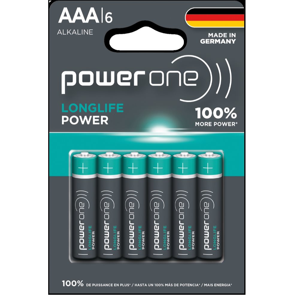 Pilas AAA Alcalinas Power One Blister X 6 Unidades Power One  x 6 Pilas alcalinas con la energía potente que necesita cualquier dispositivo.

Duran y conservan su energía al por 10 años cuando no se han usado ni sacado de su empaque.

Fabricadas en Alemania.

Contie