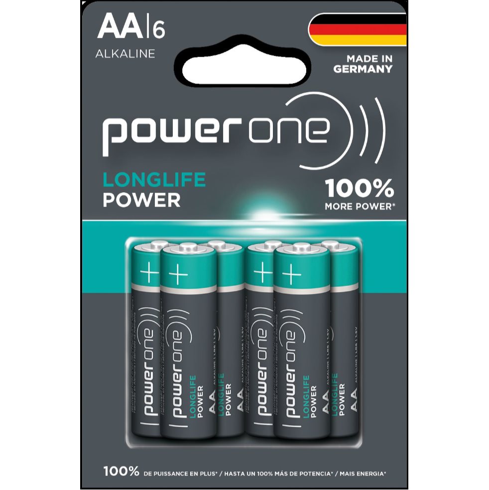 Pilas Alcalinas AA Power One 6 Unidades Power One  x 6 Pilas Alcalinas AA con la energía potente que necesita cualquier dispositivo.

Contiene 6 unidades.

Conservan su energía por 10 años cuando no se han usado ni sacado de su empaque.

Poner en el dispo