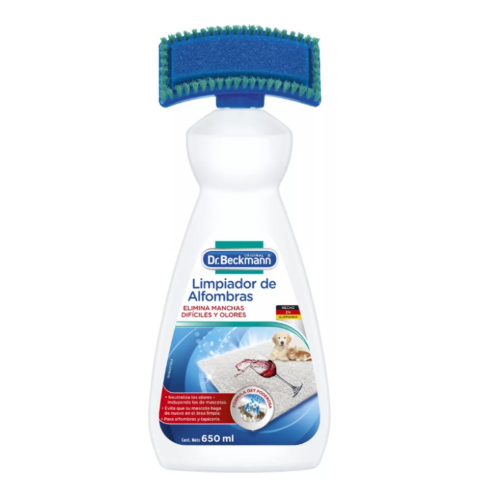 Limpiador de Alfombras Dr. Beckmann 650 ml Dr. Beckmann  x 1 Con su fórmula oxi poderosa y su práctica tapa con cepillo integrado, el Limpiador de Alfombras Dr. Beckmann remueve manchas y suciedades muy pesadas y otros derrames accidentales como vino tinto, caf