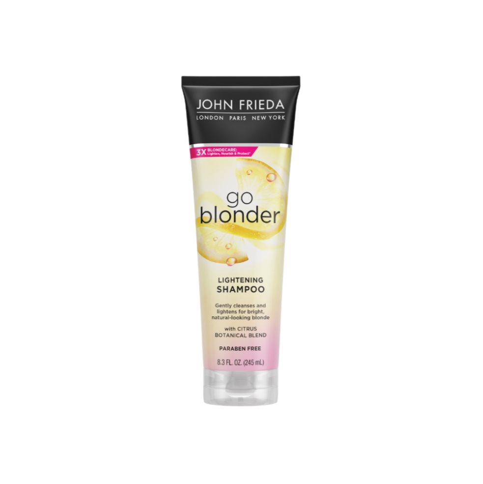 Shampoo Aclarante John Frieda Go Blonder Cabello Rubio 245 ml John Frieda Colapsible x 245 ml Para un cabello más claro y más brillante usa John Frieda Go Blonder Shampoo aclarador. Limpia mientras ilumina gradualmente los tonos rubios naturales, teñidos o con reflejos. Con extracto de cítrico