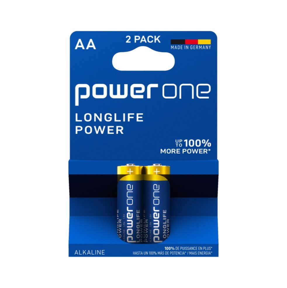 Pilas AA Alcalinas Power One Blister x 2 Unidades Power One  x 2 Pilas alcalinas con la energía potente que necesita cualquier dispositivo de alto consumo.

Contiene 2 pilas que duran y conservan su energía por 10 años cuando no se han usado ni sacado de su empaque