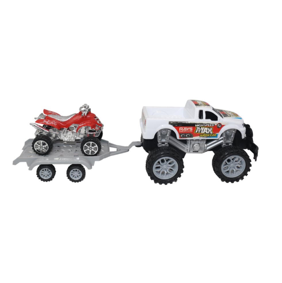 Camioneta Con Cuatrimoto Friccion Base Y Tapa Plasticos Asociados  x 1 Es un juguete robusto y versátil, fabricado en plástico resistente y seguro. Incluye una camioneta con mecanismo de fricción y una cuatrimoto, ambos con detalles llamativos que estimulan la creativida
