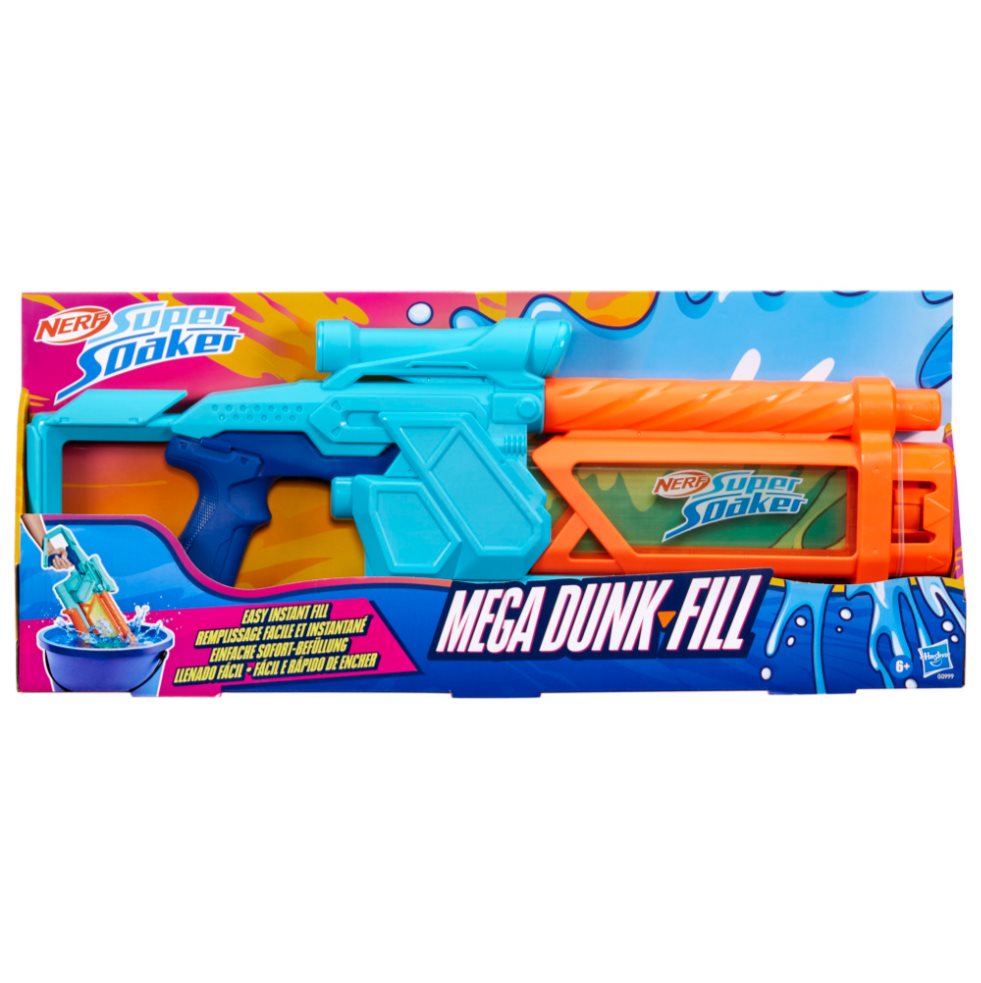 Lanzador De Agua Super Soaker Mega Dunk Fill Nerf x 1 Cuenta con un tanque traslúcido de fácil llenado con capacidad para 1 litro. Su diseño innovador permite sumergir el tanque en agua para llenarlo instantáneamente. Incluye una mira para apuntar con pr