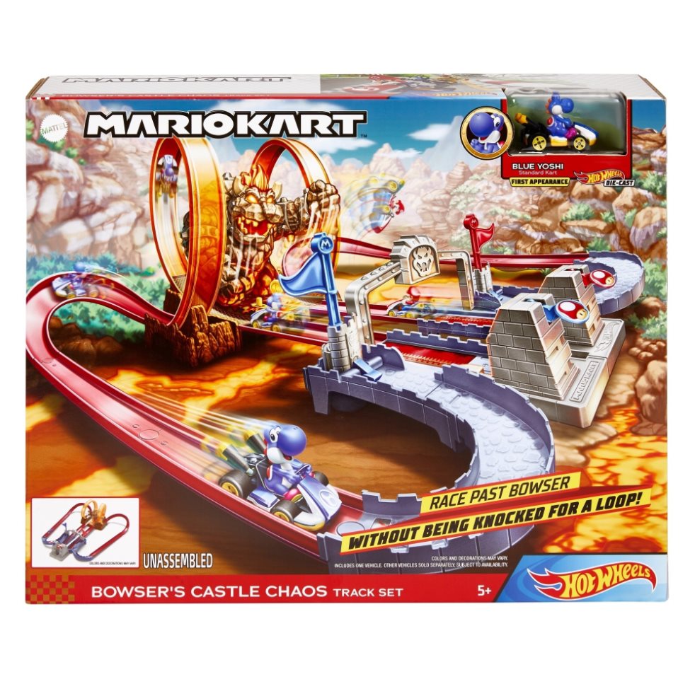 Hot Wheels Mario Kart Pista Castillo De Bowser Hot Wheels  x 1 Recrea la clásica batalla en el castillo de Bowser. Incluye rampas, un lanzador y un giro peligroso con una figura de Bowser que pone a prueba las habilidades de los corredores.
