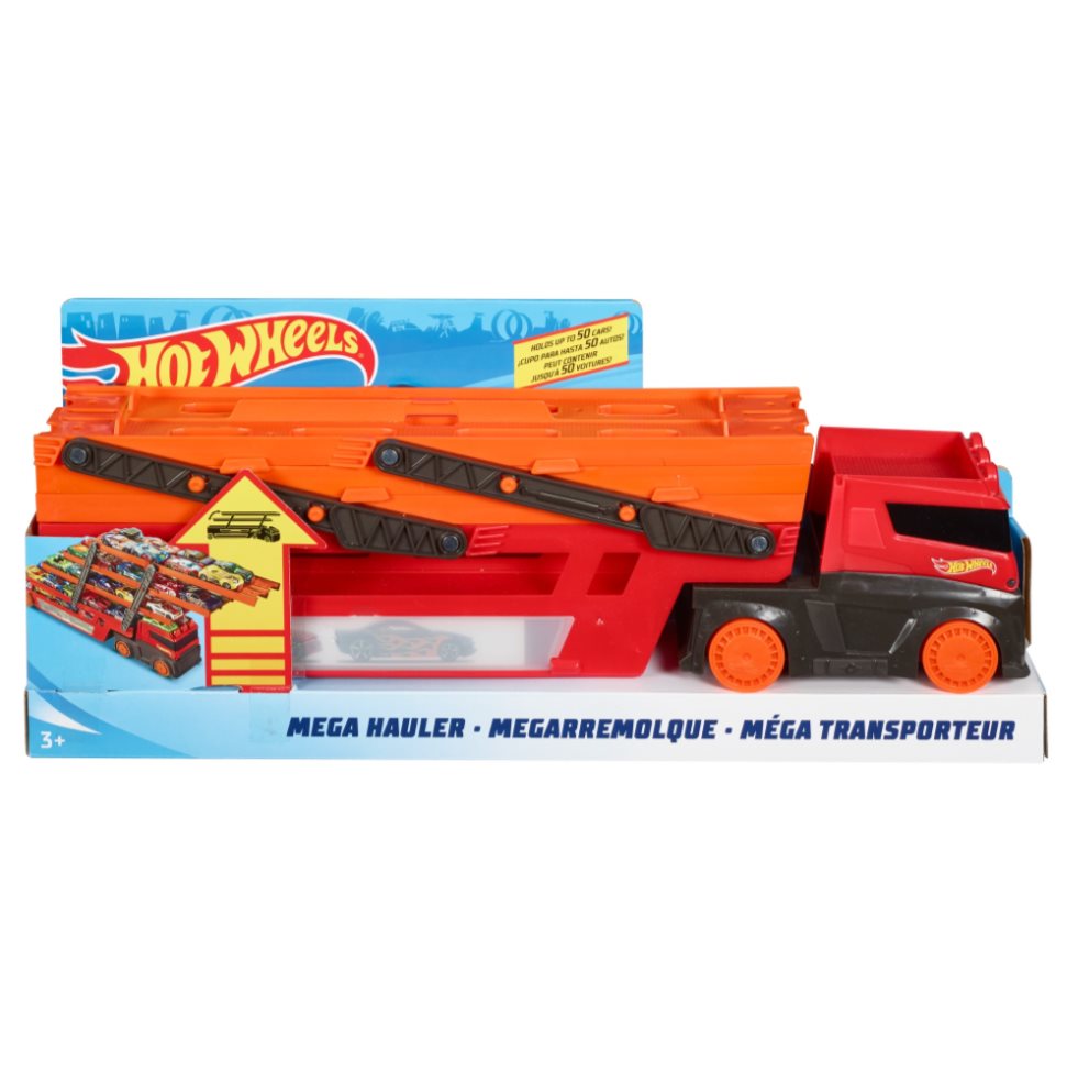 Hot Wheels Mega Remolque Hot Wheels  x 1 Es un vehículo diseñado para transportar hasta 50 autos Hot Wheels. Su estructura cuenta con múltiples niveles plegables, ideal para organizar, almacenar y exhibir tu colección. Además, incluye un sis
