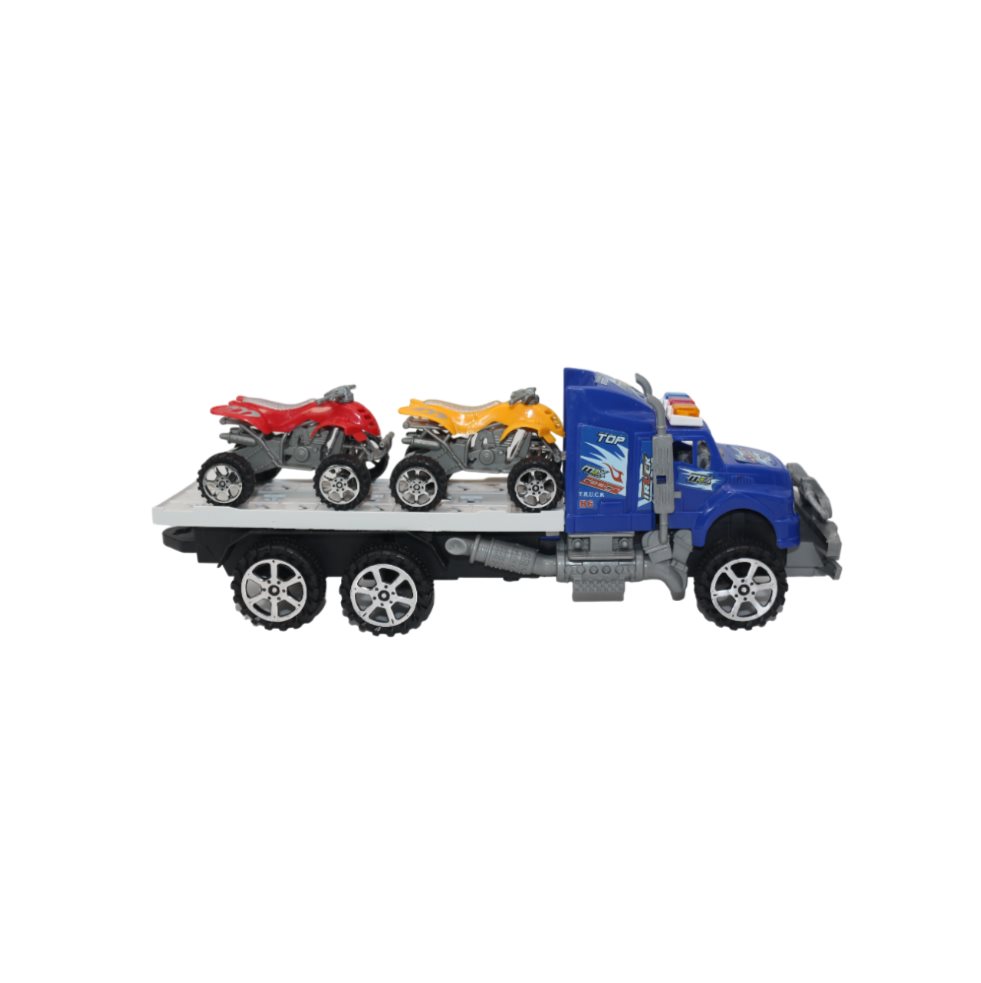 Tractomula Max Con Cuatrimotos Friccion Base Y Tapa Plasticos Asociados  x 1 Set de juguete con tractomula y cuatrimotos de fricción, diseñados con detalles realistas y estructura resistente. Perfectos para transportar y simular carreras o circuitos todoterreno.