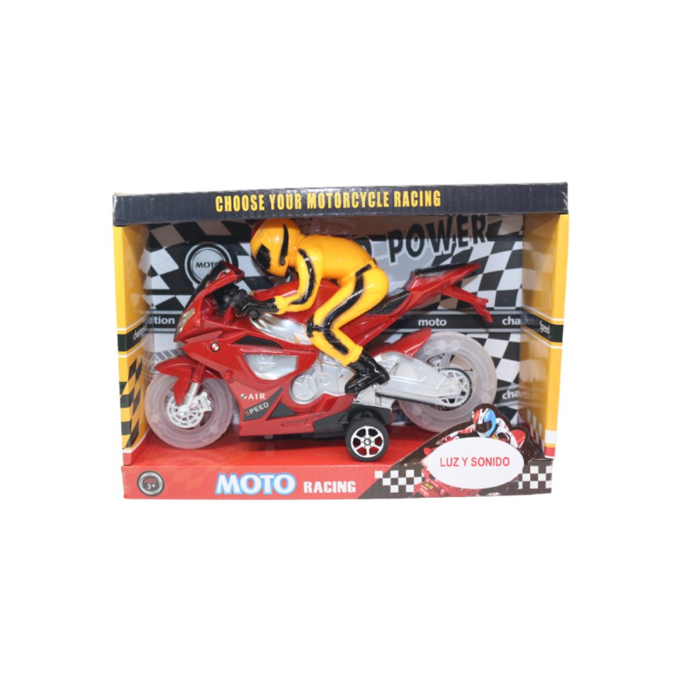 Moto Racing Friccion Luz Y Sonido Caja Plasticos Asociados  x 1 Es un juguete interactivo y emocionante, fabricado en plástico resistente y seguro. Diseñada con luces y sonidos integrados, esta moto permite recrear escenarios llenos de acción y dinamismo. Su mecan