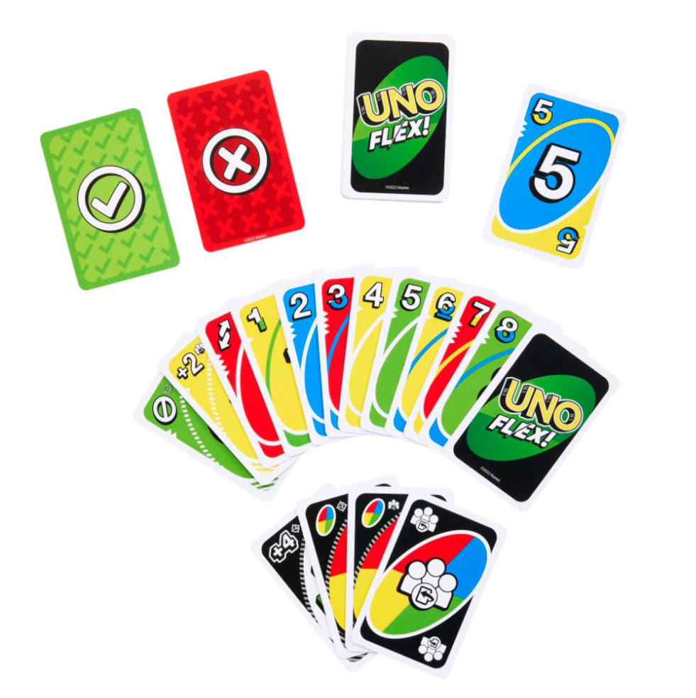 Uno Juego De Cartas Flex Mattel UNO  x 1 Una versión innovadora del clásico UNO con una actitud flexible, donde las cartas especiales permiten cambiar el color para lograr combinaciones sorprendentes y estrategias dinámicas.

Características