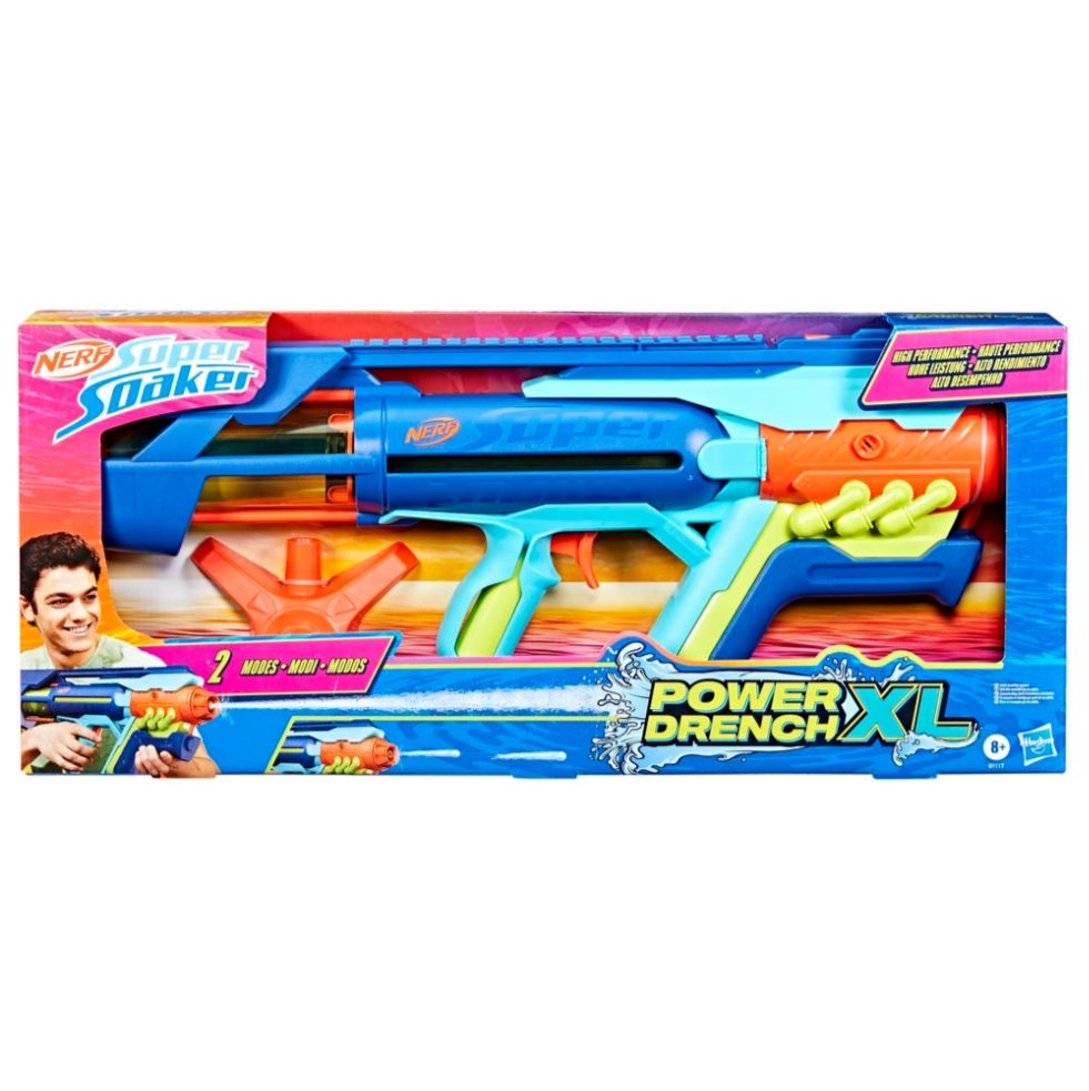 Lanzador De Agua Super Soaker Power Drench Xl Nerf  x 1 Ofrece poderosas ráfagas de agua presurizadas para batallas acuáticas extremas. Su estación de relleno permite ajustar el chorro para empapar a tus oponentes o descargar un diluvio completo. Requiere 