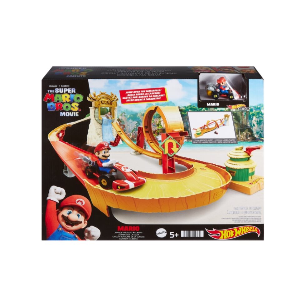 Hot Wheels Mario Kart Pista Carrera En La Selva Mattel Hot Wheels x 1 Presenta una pista temática de la selva llena de obstáculos. Incluye rampas, un lanzador y detalles inspirados en el universo de Mario Kart para una experiencia llena de acción.