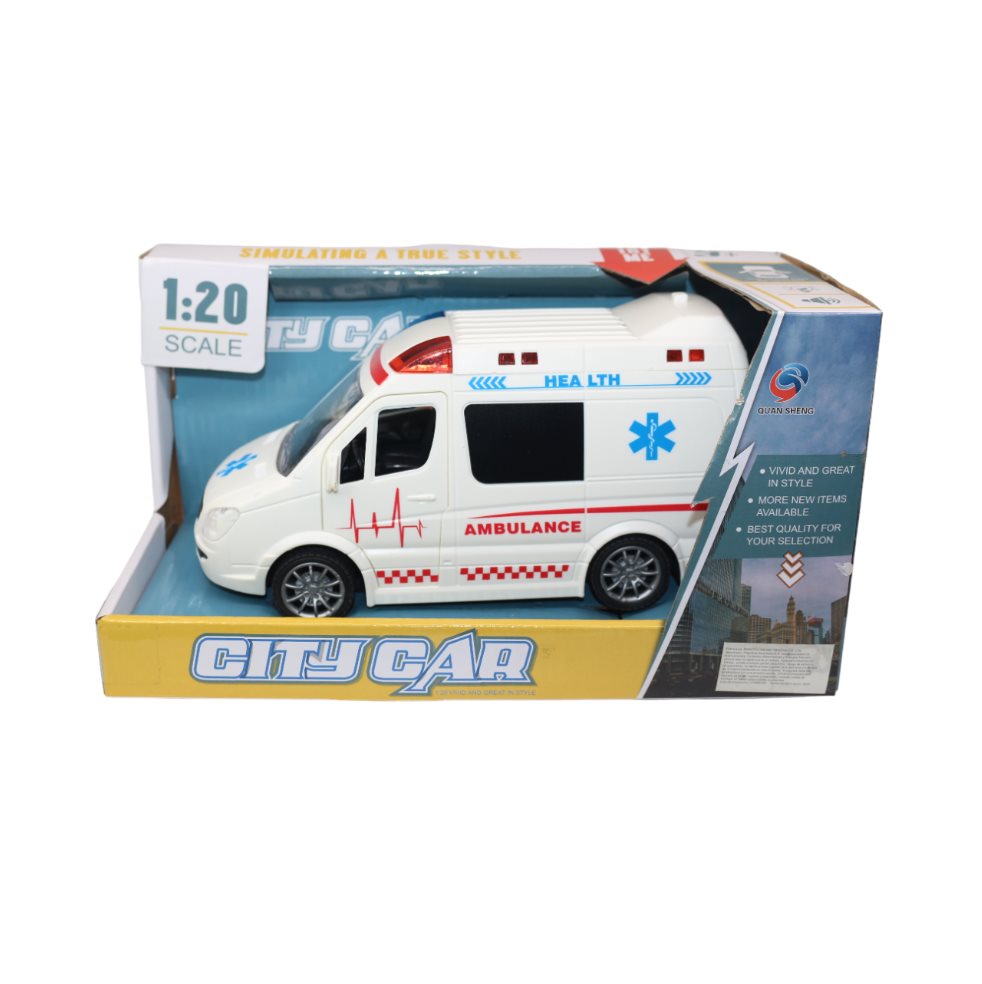 Ambulancia City Car Luz Y Sonido Pilas Caja Plasticos Asociados  x 1 Es un juguete interactivo y educativo, fabricado en plástico resistente y seguro. Diseñada con luces y sonidos integrados, esta ambulancia permite recrear escenarios de rescate y emergencia, fomentand