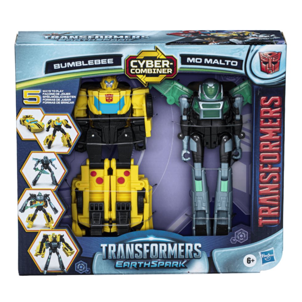 Transformers Cyber-combiner Terran Bumblebee Y Mo Malto Transformers  x 1 Incluye dos figuras interactivas que pueden combinarse para crear un superpoderoso Bumblebee o una superpoderosa Mo Malto. Bumblebee se transforma de robot a auto deportivo en 9 pasos, mientras que Mo