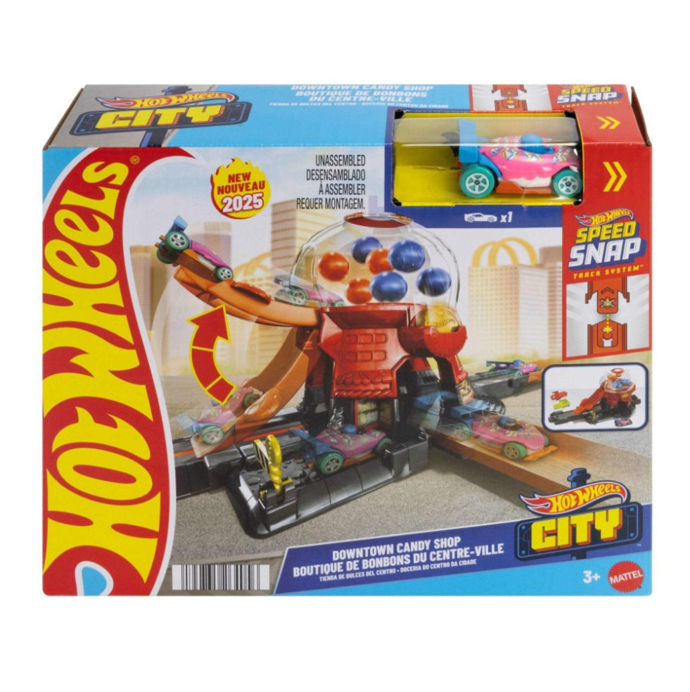 Hot Wheels City Pista Tienda De Dulces Hot Wheels  x 1 Recrea una colorida tienda llena de golosinas y acción. Incluye una rampa, un caramelo giratorio gigante y zonas de juego diseñadas para complementar otras pistas de Hot Wheels City.