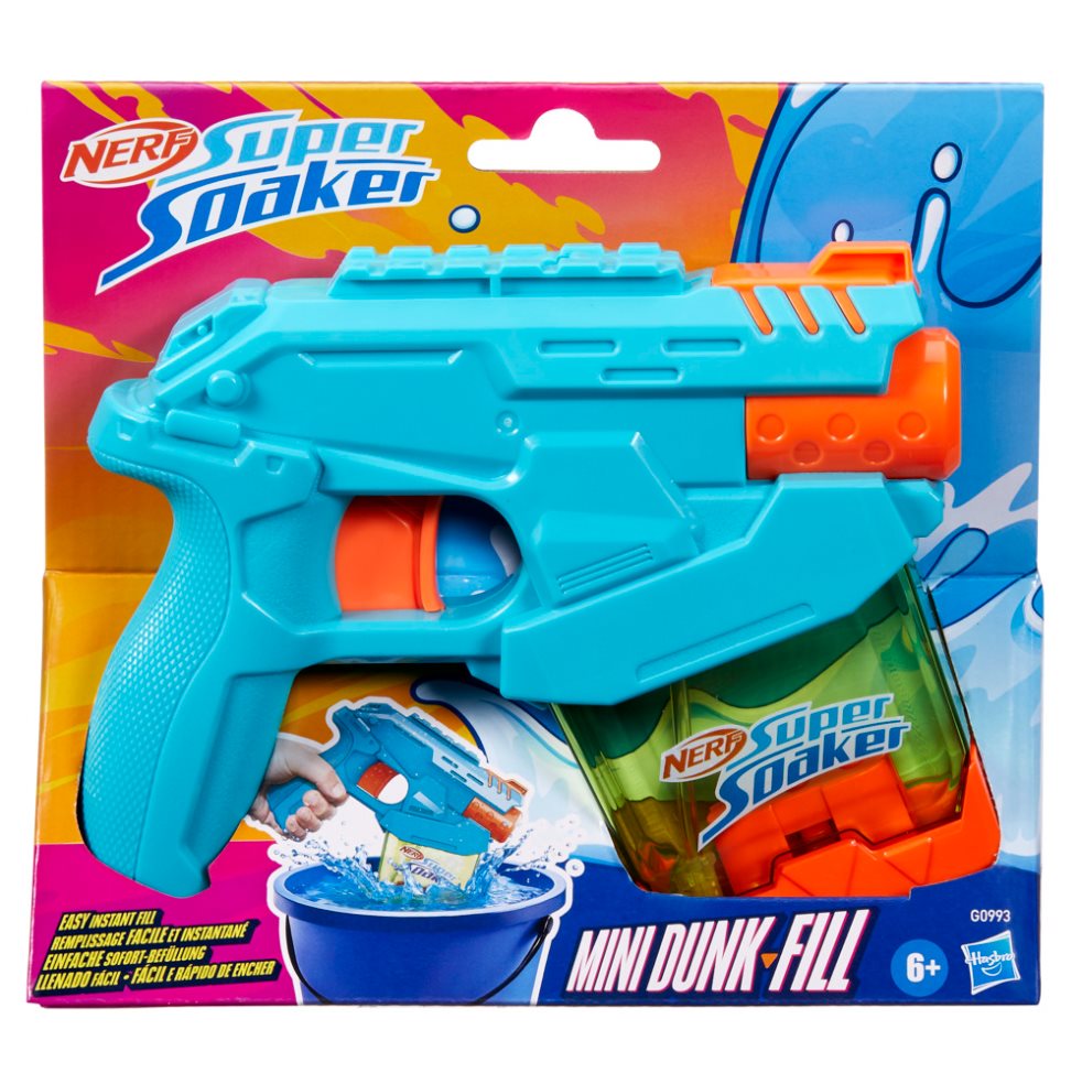 Lanzador De Agua Super Soaker Mini Dunk Fill Nerf  x 1 Es un juguete compacto y portátil diseñado para juegos acuáticos. Con un diseño fácil de llenar y usar, permite disfrutar de batallas refrescantes al aire libre. Su tamaño lo hace ideal para llevar a 