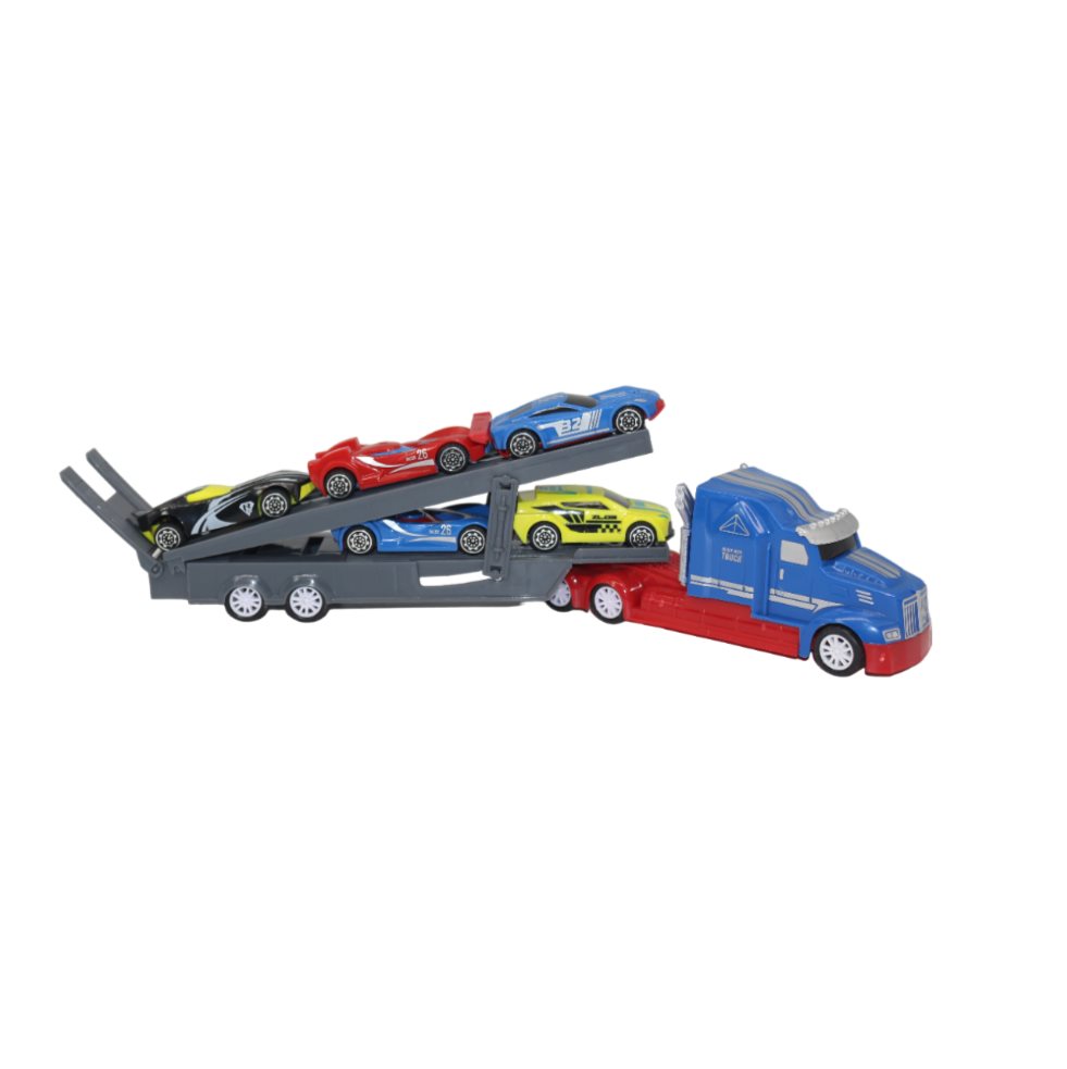 Tractomula Transport Con Carros Caja Plasticos Asociados x 1 Es un juguete interactivo y resistente, fabricado en plástico de alta calidad. Incluye una tractomula con diseño detallado, varios carros y un lanzador, ideal para recrear escenarios de transporte y c