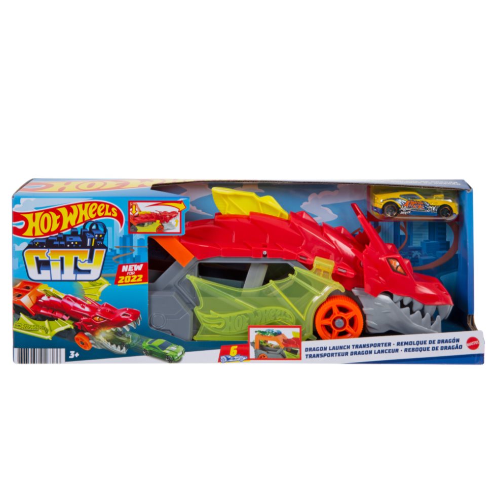 Hot Wheels City Remolque De Dragón Mattel Hot Wheels x 1 Combina la acción de los vehículos Hot Wheels con la fantasía de los dragones. Incluye un remolque con detalles de dragón, colores llamativos y una función especial que permite capturar coches en su i