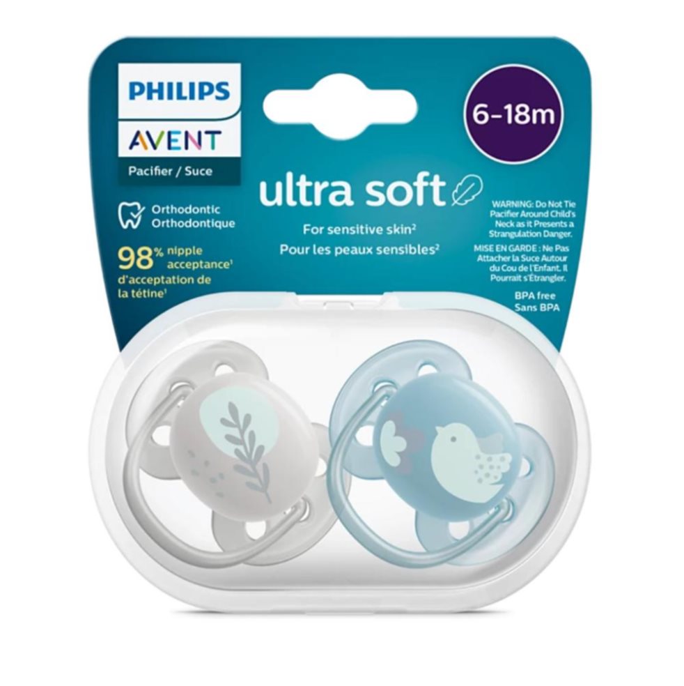 Chupo de Entretención Ultra Suave Pájaro/Hoja Niño 6 a 18 Meses Philips Avent Blister x 2 Chupo de Entretención Ultra Suave Pájaro/Hoja Niño 6 a 18 Meses Philips Avent Blister x 2