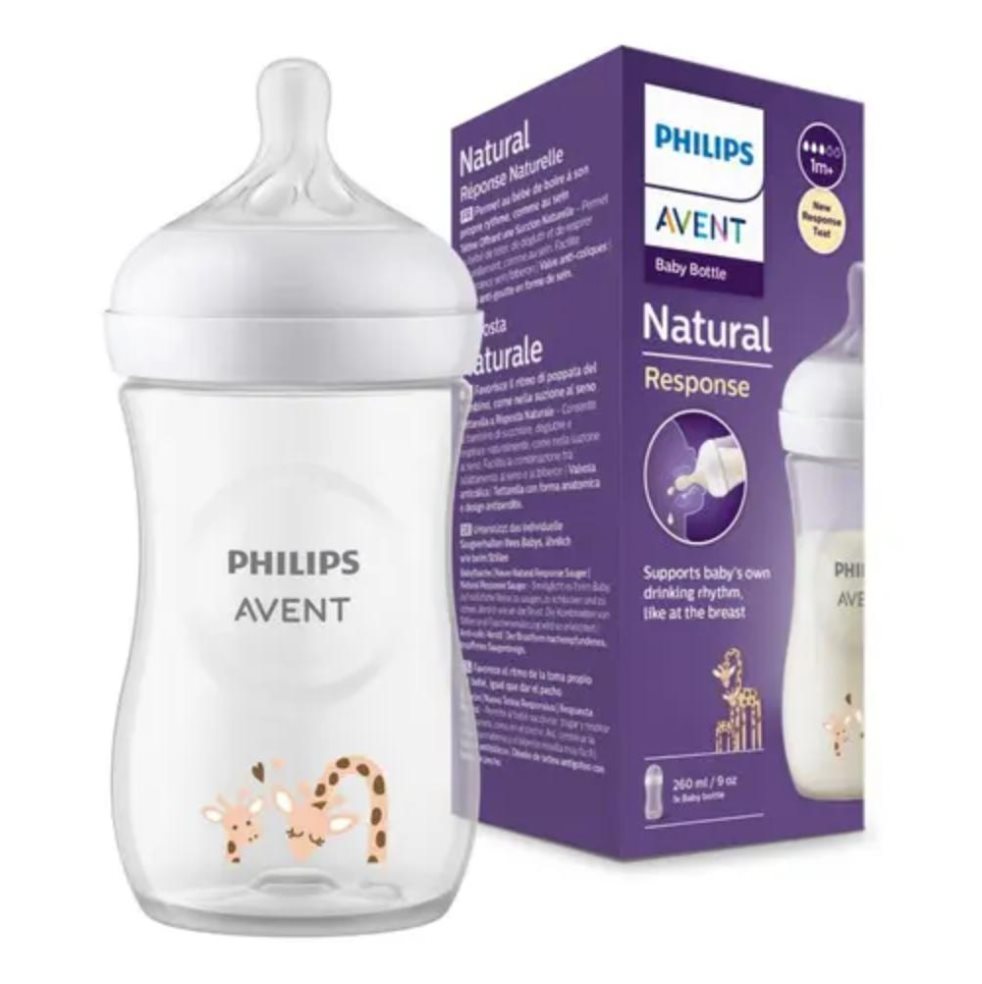 Tetero Natural Response Válvula Anticólicos Jirafa 9oz (1m+) Flujo Medio Avent Caja x 1