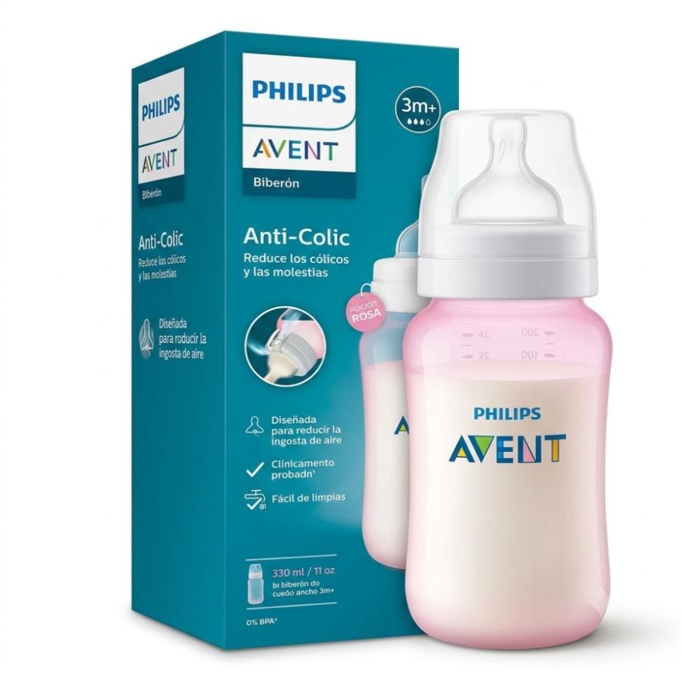 Tetero Anti-colico con Válvula Anticólicos Rosa 11oz (3+meses) Flujo 3 Avent Caja x 1 Tetero Anti-colico con Válvula Anticólicos Rosa 11oz (3+meses) Flujo 3 Avent Caja x 1