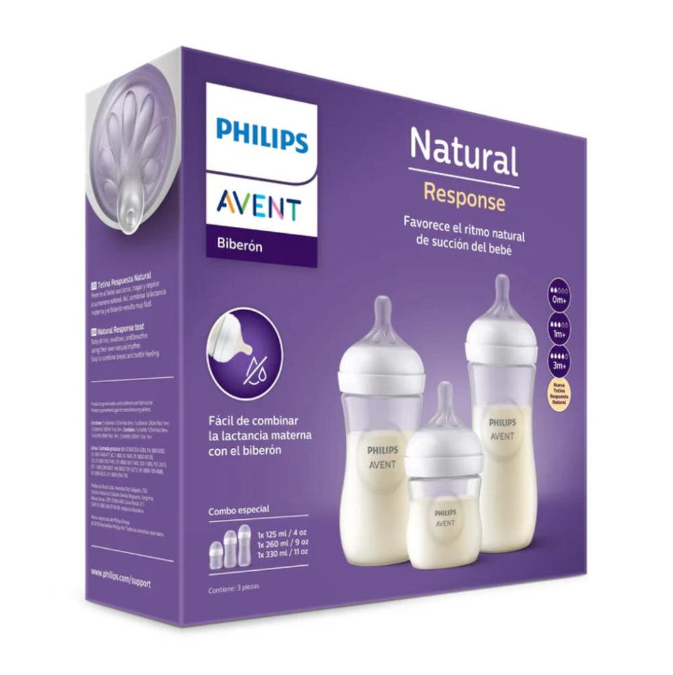 Set Teteros Natural Response 3 Teteros 11oz,9oz, 4oz; 3 Tetinas Rápida Lenta Mediana Philips Avent Caja x 1 Set Teteros Natural Response 3 Teteros 11oz,9oz, 4oz; 3 Tetinas Rápida Lenta Mediana Philips Avent Caja x 1