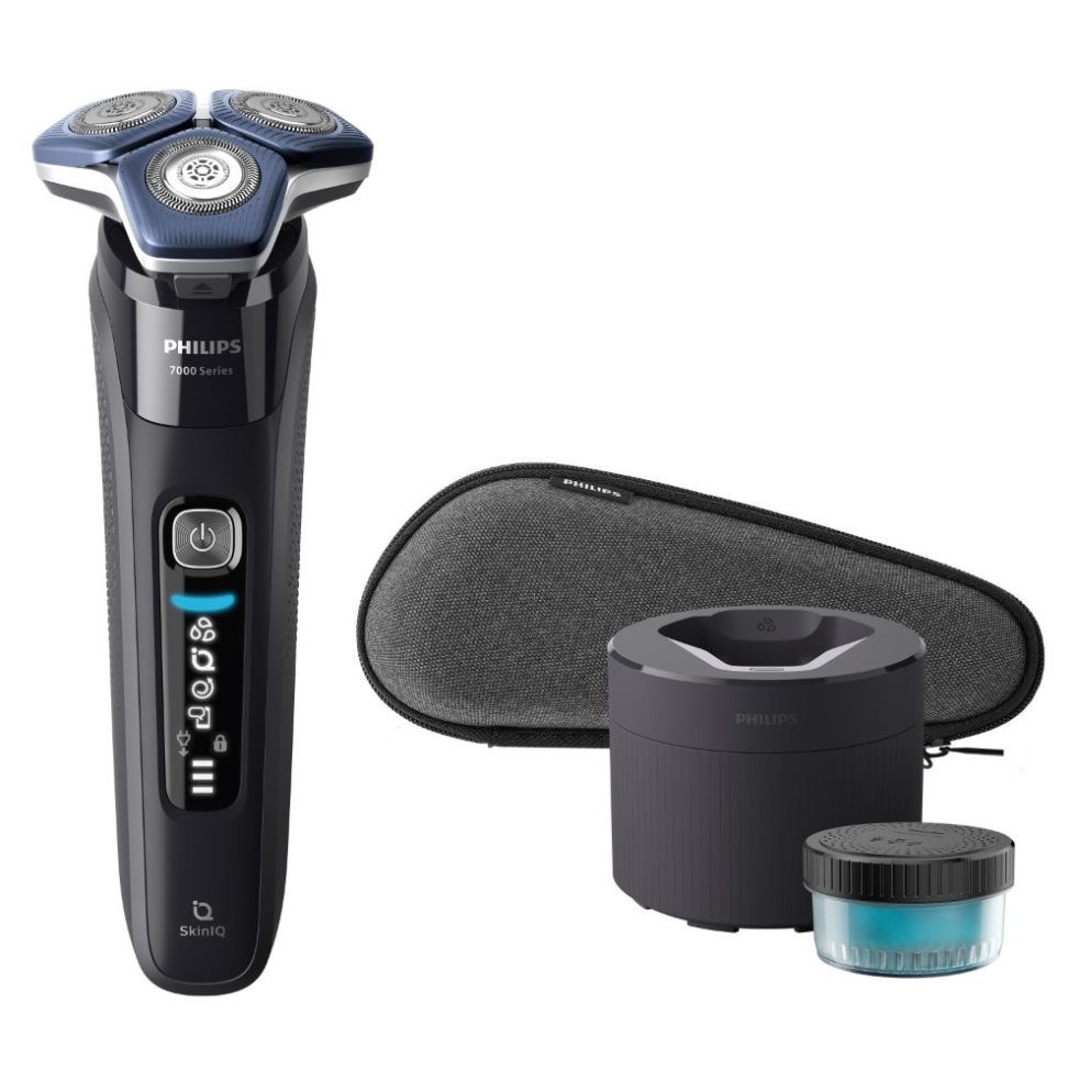 Afeitadora Eléctrica Wet & Dry Con Tecnología Skiniq S7000 Philips Caja x 1 Philips S7886/50 Series 7000: afeitadora eléctrica con cuchillas SteelPrecision, tecnología SkinIQ, cabezales 360°, uso en seco y húmedo, batería recargable y recortador integrado.