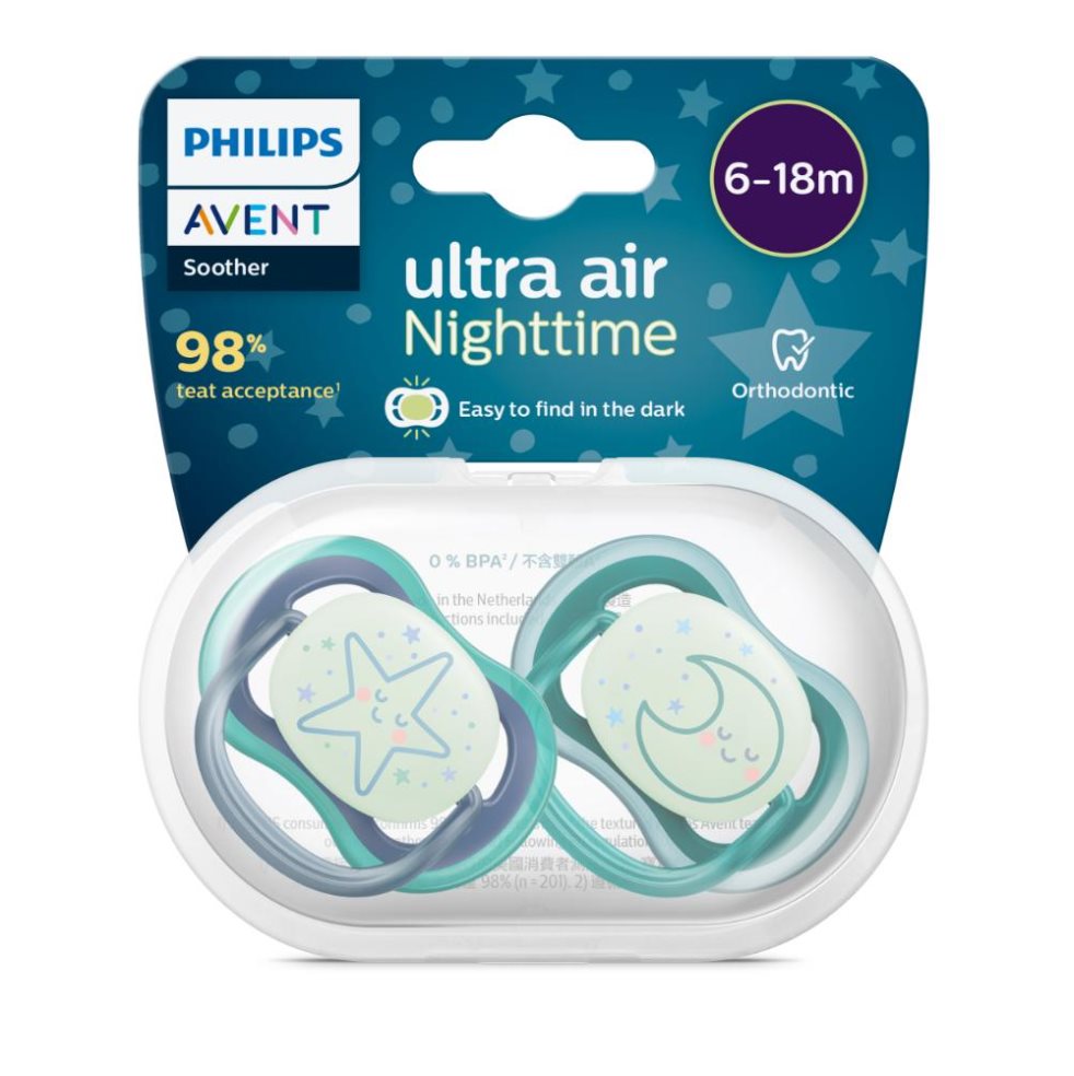 Chupo de Entretención Ultra Air Nocturno,Brilla En La Oscuridad Niño 6 a 18 Meses Philips Avent Blister x 2 Chupo de Entretención Ultra Air Nocturno,Brilla En La Oscuridad Niño 6 a 18 Meses Philips Avent Blister x 2
