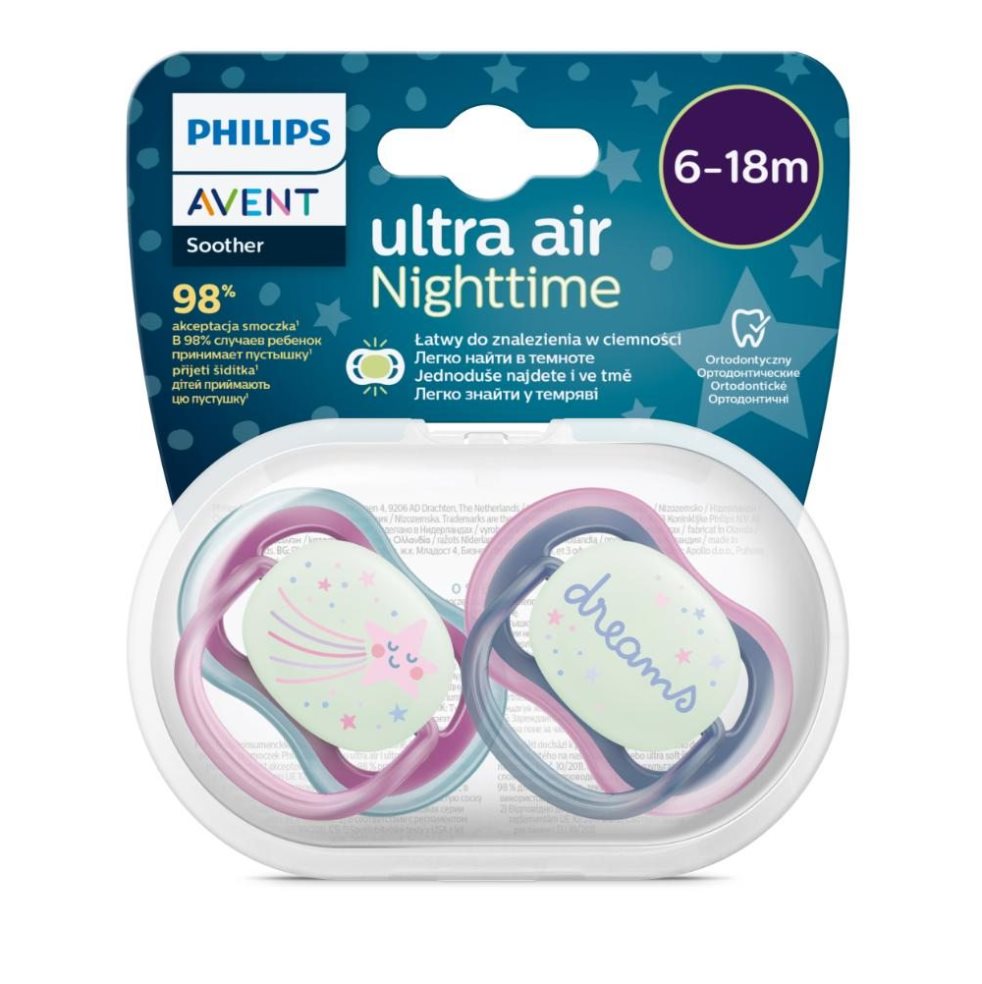 Chupo de Entretención Ultra Air Nocturno, Brilla En La Oscuridad Niña 6 a 18 Meses Philips Avent Blister x 2 Chupo de Entretención Ultra Air Nocturno, Brilla En La Oscuridad Niña 6 a 18 Meses Philips Avent Blister x 2