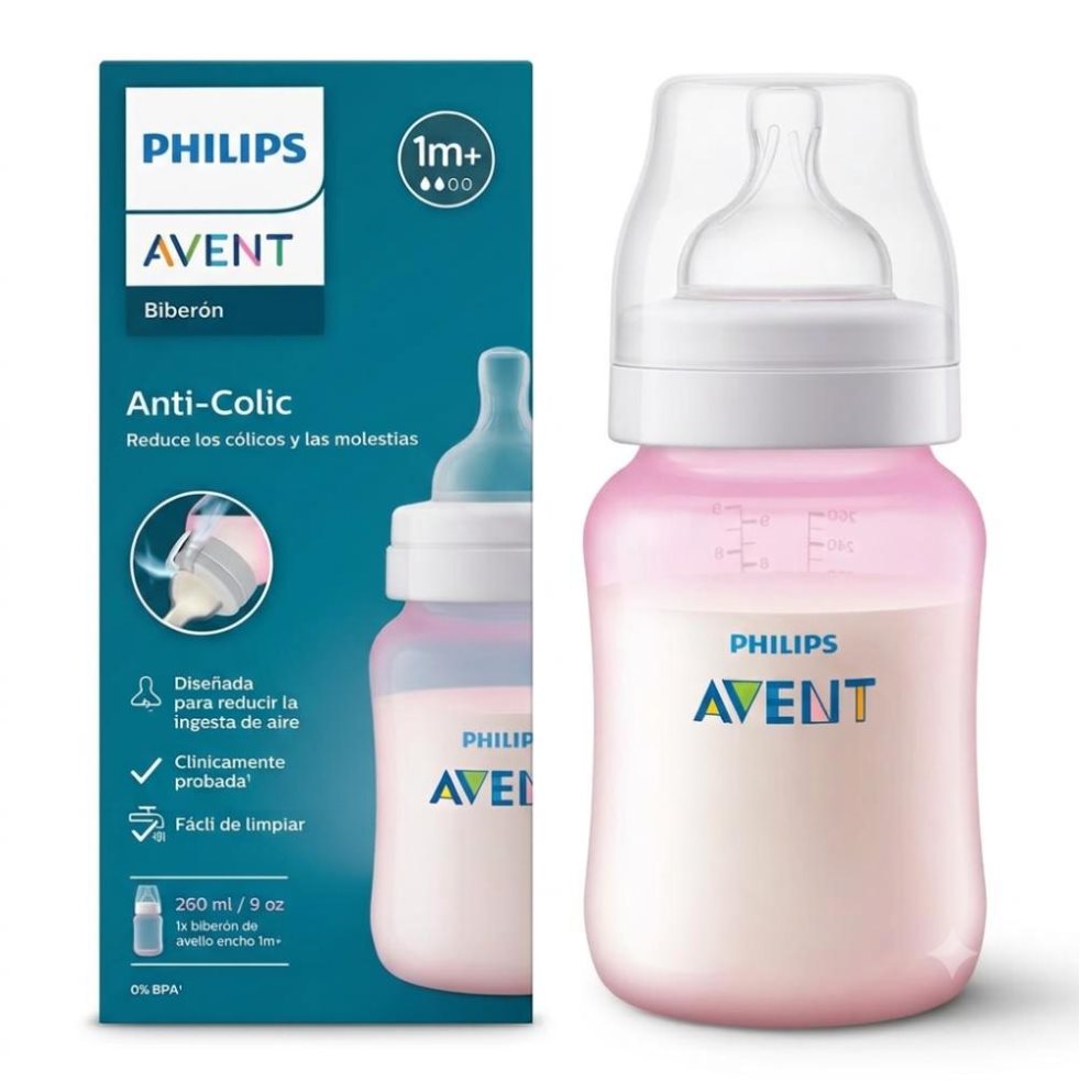 Tetero Anti-colico con Válvula Anticólicos Rosa 9oz (1+meses) Flujo 2  Avent Caja x 1