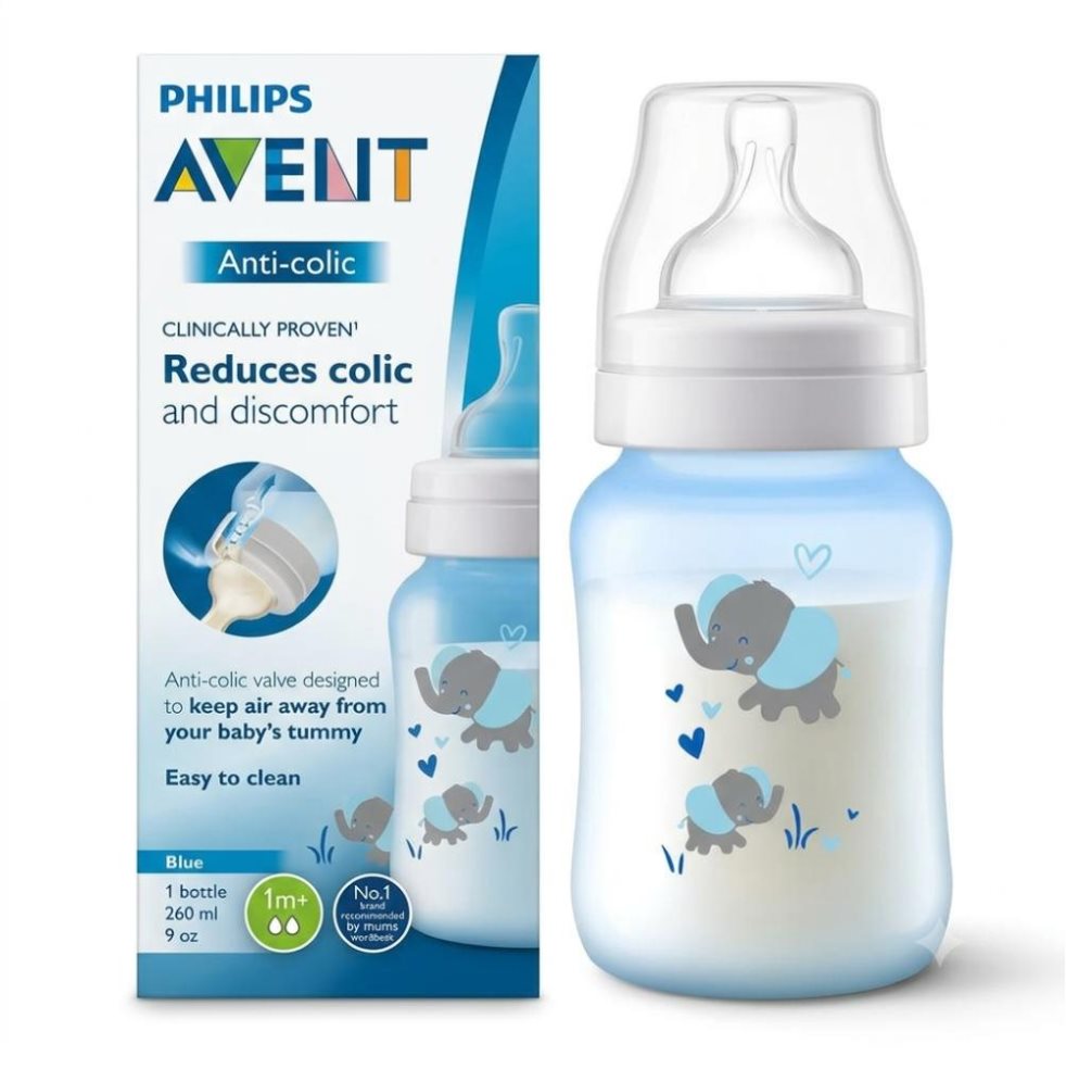 Tetero Anti-colico con Válvula Anticólicos Elefante Azul 9oz (1+meses) Flujo 2 Avent Caja x 1 Tetero Anti-colico con Válvula Anticólicos Elefante Azul 9oz (1+meses) Flujo 2 Avent Caja x 1
