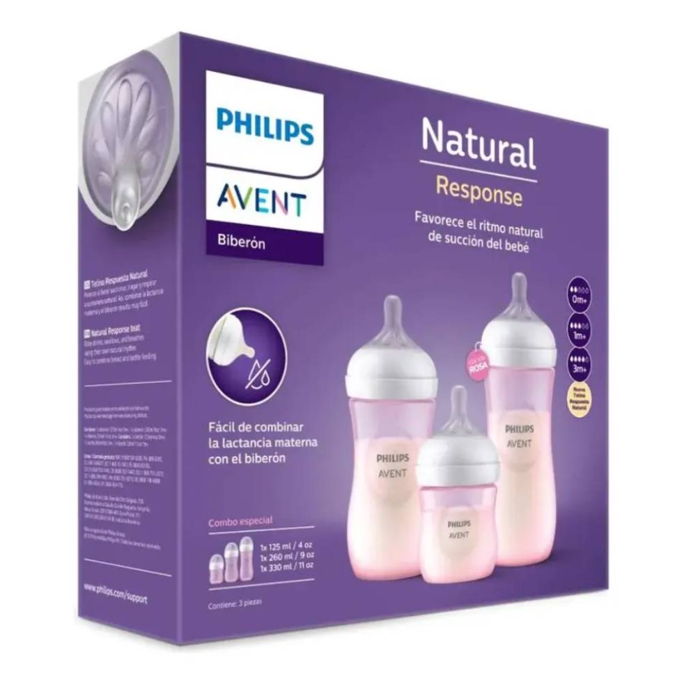 Set Natural Response: 3 Teteros 11Oz - 9Oz - 4Oz + 3 Tetinas Lenta-Mediana-Rápida Philips Avent Caja x 6 Set Natural Response: 3 Teteros 11Oz - 9Oz - 4Oz + 3 Tetinas Lenta-Mediana-Rápida Philips Avent Caja x 6