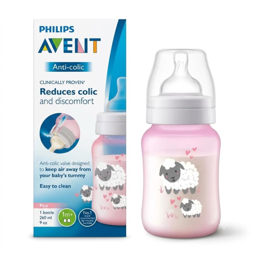 Tetero Anti-colico con Válvula Anticólicos Borrego Rosa 9oz (1+meses) Flujo 2 Avent Caja x 1