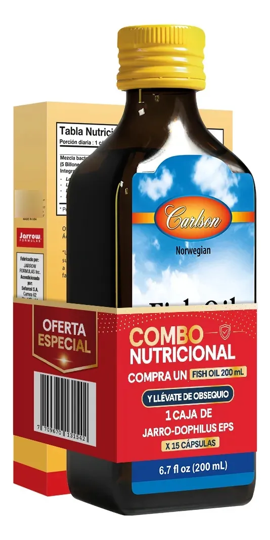 Combo Inteligente Omega 3 Liquido 200 Ml + Probióticos X 15 Carlson Labs Frasco x 200ml COMBO NUTRICIONAL  COMPRA UN FISH OIL  x 200 mL Y LLEVATE DE OBSEQUIO 1 CAJA  DE JARRO-DOPHILUS EPS x 15 CÁPSULAS

Fish Oil Omega-3s 1600 Mg Carlson Labs Jarabe Sabor Limón Frasco X 200 Ml
Mejora tu b