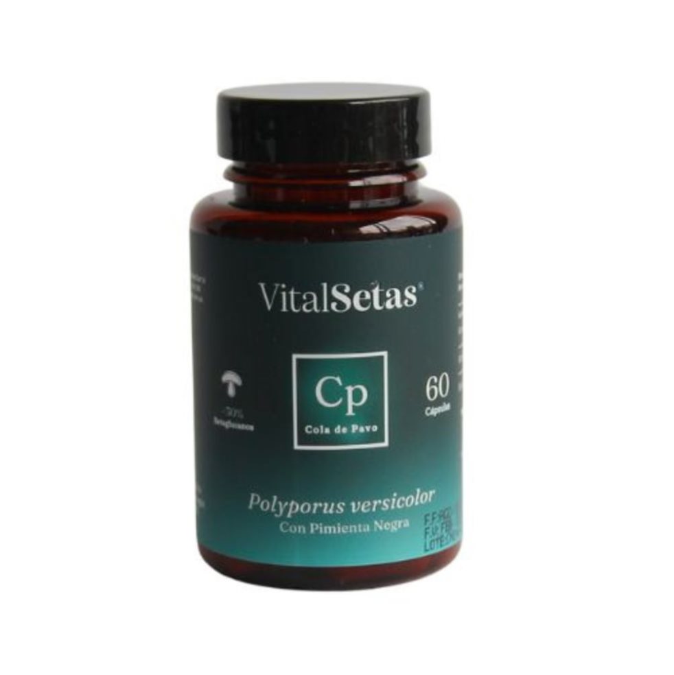 Cápsulas de Cola de Pavo VitalSetas VitalSetas Cápsulas x 60 La Cola de Pavo, conocida por sus impresionantes propiedades inmunomoduladoras, ahora disponible en cápsulas prácticas de VitalSetas. Cada cápsula contiene extracto con más de 30% de betaglucanos y pi