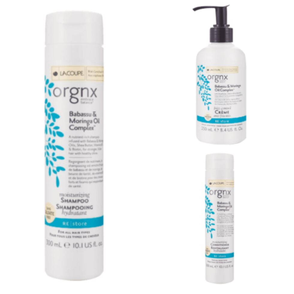 COMBO LACOUPE MORINGA  # 2 X 3 UND LACOUPE PACK X 3 UND x 3 LaCoupe Orgnx Shampoo Babassu y Moringa Oil se compone de un sistema de limpieza recargado, con un cóctel de ingredientes botánicos naturales y vitaminas diseñadas para rellenar cada hebra de cabello 