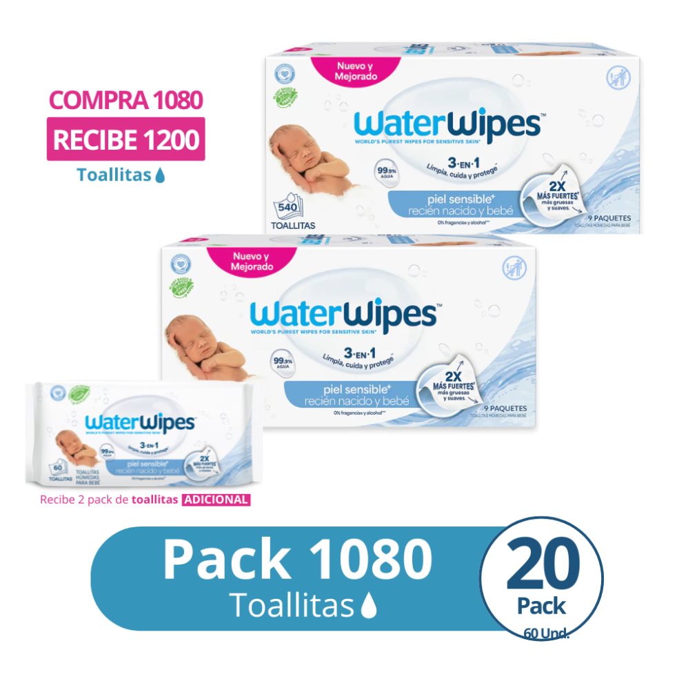 TOALLITAS HÚMEDAS SIN ALCOHOL WATERWIPES X 1080 UNDS.  WATERWIPES CAJA X 1080 UND x 1080