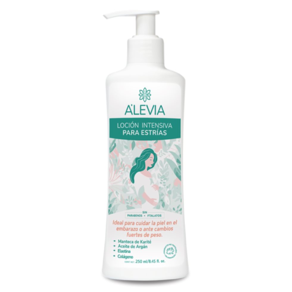 LOCIÓN INTENSIVA PARA ESTRÍAS  X 250 ML ALEVIA ALEVIA 250 ML x 1 A’levia Loción intensiva para estrías ayuda a prevenir y/o mejorar la apariencia de las estrías provocadas por embarazo o cambios de peso. usado por hombres y mujeres que quieren mejorar la elasticida
