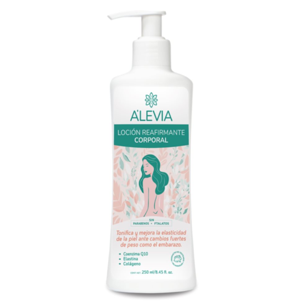 LOCIÓN REAFIRMANTE CORPORAL  X 250 ML ALEVIA ALEVIA 250 ML x 1 A´levia Loción Reafirmante corporal ayuda a tonificar y mejorar la elasticidad de la piel ante cambios fuertes de peso como el embarazo. Y gracias a sus ingredientes ayuda a reducir la celulitis.