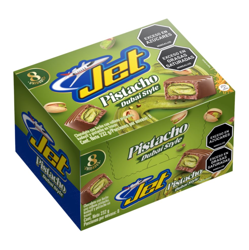 Chocolatina Jet Pistacho Dubai Style x 8 unidades Jet Chocolate relleno x 232 Chocolatina Jet Pistacho Dubai Style x 8 unidades Jet Chocolate relleno x 232