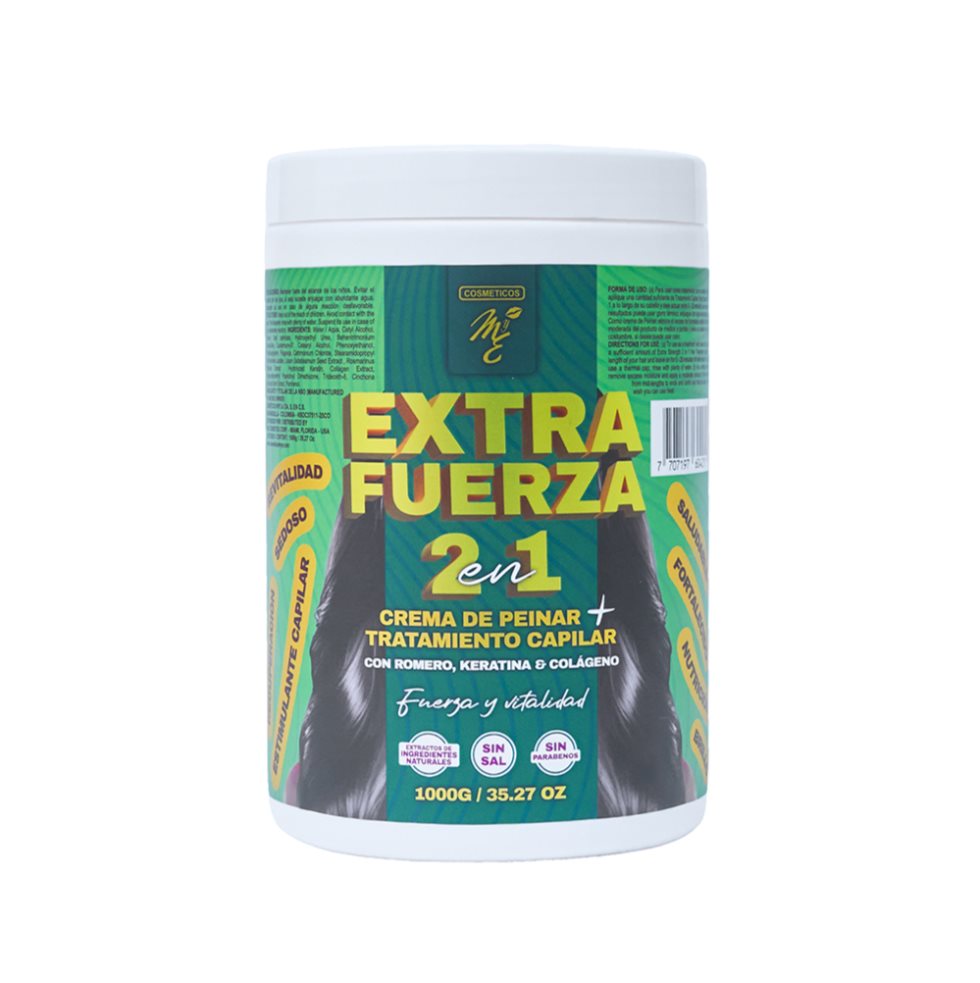 Tratamiento MYE, EXTRA FUERZA 2 EN 1, X 1.000 G, X Cosméticos MyE Pote x 1 Cuidado Capilar 3en1, es un tratamiento capilar intensivo y crema para peinar diseñado para fortalecer el cabello desde la fibra capilar hasta el folículo. Su fórmula concentrada combina extractos veg