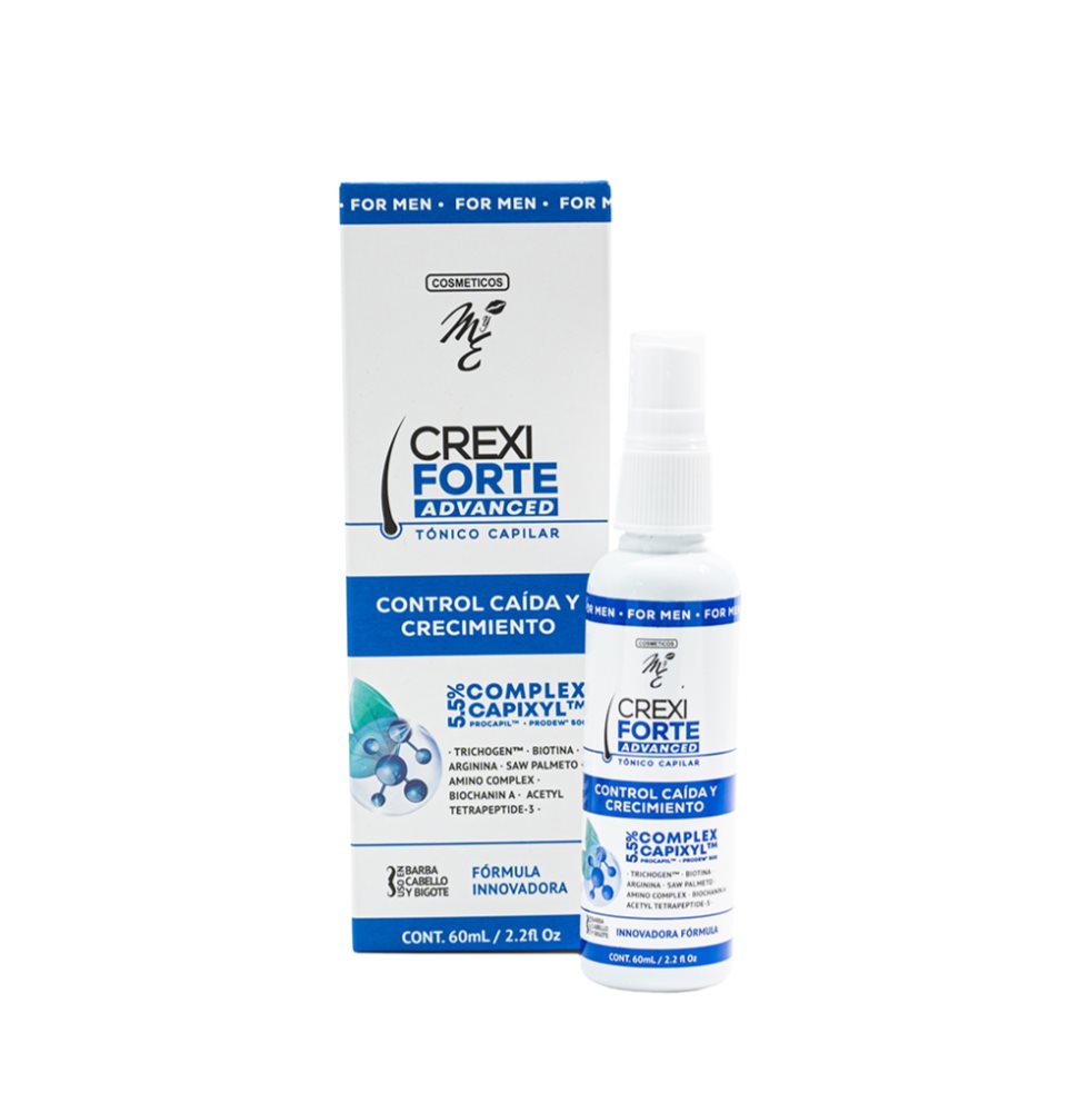 Tónico Capilar MYE, CREXIFORTE ADVANCED PARA HOMBRE, X 60mL, X1 Cosméticos MyE Pote x 1 Tónico Capilar, formulado con Capixyl™, Procapil™, Prodew® y otros activos especiales, estimula la regeneración de los folículos capilares y disminuye la miniaturización capilar. Acelera la formación 