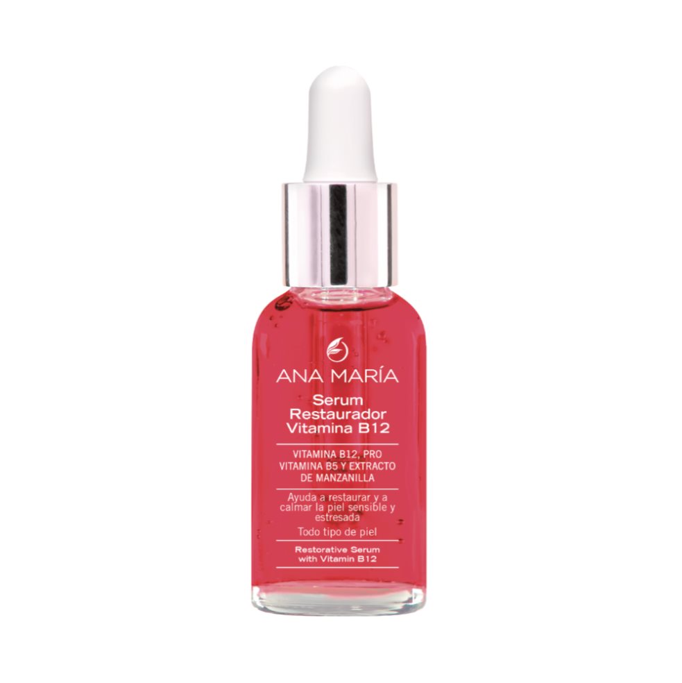 SERUM ANA MARIA RESTAURADOR B12 ENVASE X 30 ML ANA MARIA Caja x 1 UND Suero facial con Vitamina B12 que ayuda a recuperar la piel sensible y estresada. Contiene Beta Glucanos de alta pureza que hidratan de manera inmediata la piel. Además, tiene Pantenol y Extracto de M