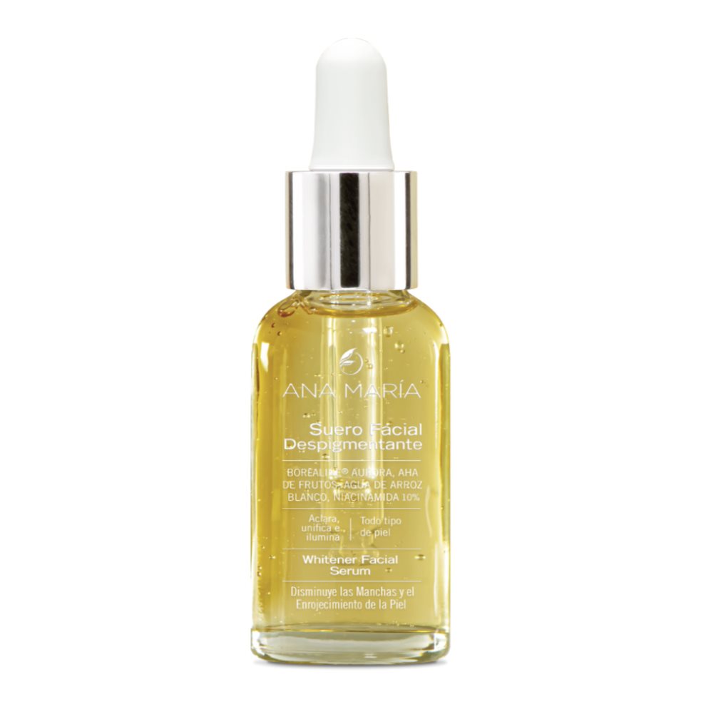 SUERO ANA MARIA FACIAL DESPIGMENTANTE ENVASE X 30 ML ANA MARIA Caja x 1 UND Aclara, unifica e ilumina la piel. Sus componentes, (BOR?ALINE Aurora, AHA de frutos, Niacinamida 10% y Agua de Arroz Blanco), son eficaces, para reducir manchas en todo tipo de piel, incluso en las m