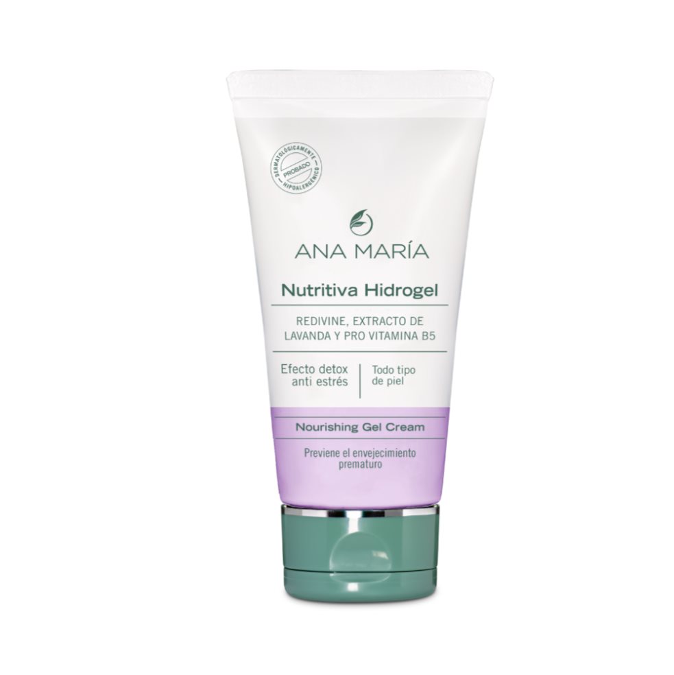 NUTRITIVA ANA MARIA HIDROGEL ENVASE X 50 G ANA MARIA  x 1 UND Crema Gel Facial Nutritiva especialmente elaborada para pieles jóvenes o mixtas, con Redivine, extracto natural de las Hojas de la Viña Roja, antioxidante concentrado que protege y recupera la piel du